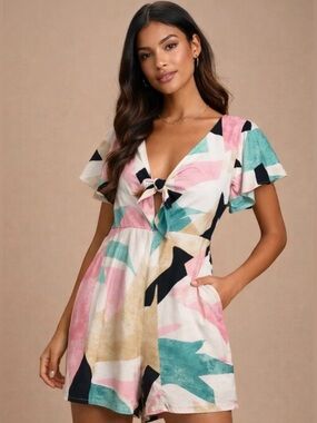Lulus Abstract Print Tie-Front Mini Romper in Pink, Teal & Black NWT Sz L